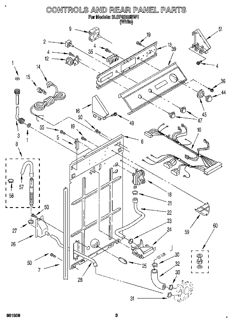 CONTROLS AND REAR PANEL Diagram and Parts List for 3LSP8255BW1  Whirlpool Washer