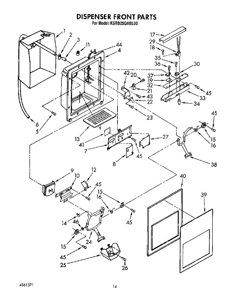 DISPENSER FRONT Diagram and Parts List for KSRB25QABL00  KitchenAid Refrigerator
