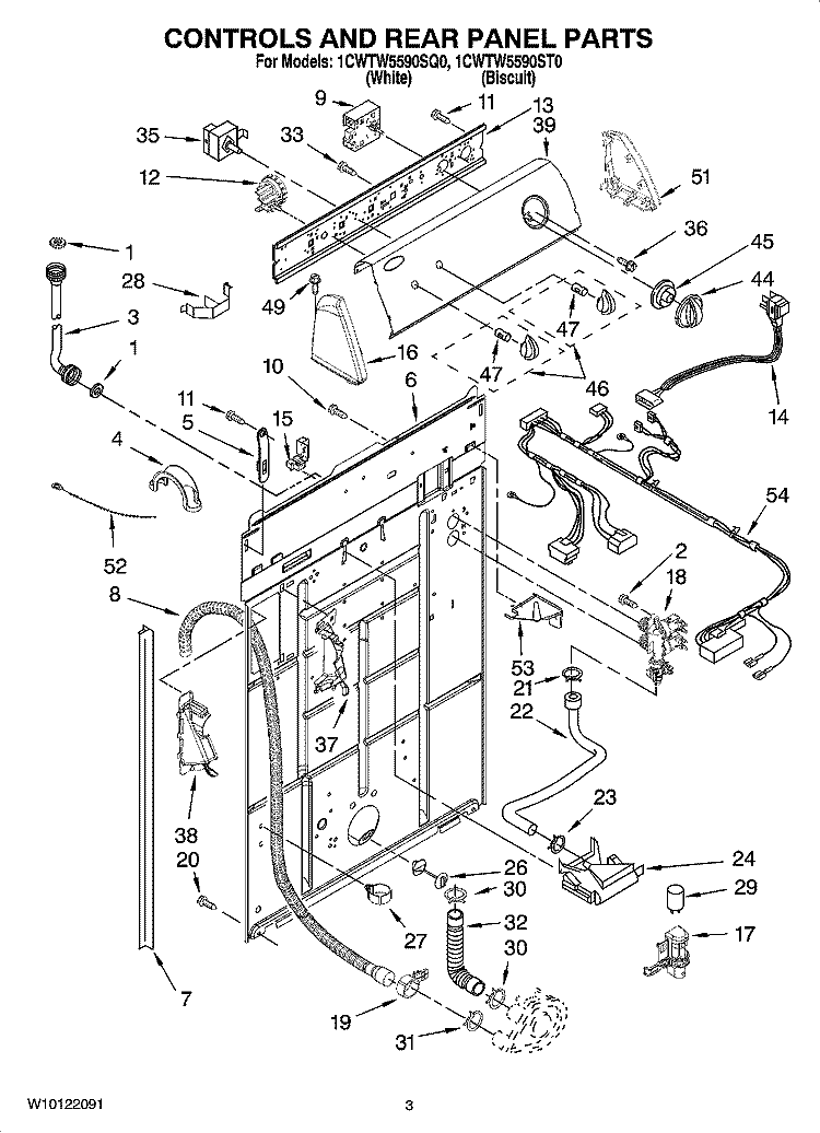 CONTROLS AND REAR PANEL PARTS Diagram and Parts List for 1CWTW5590SQ0  Whirlpool Washer