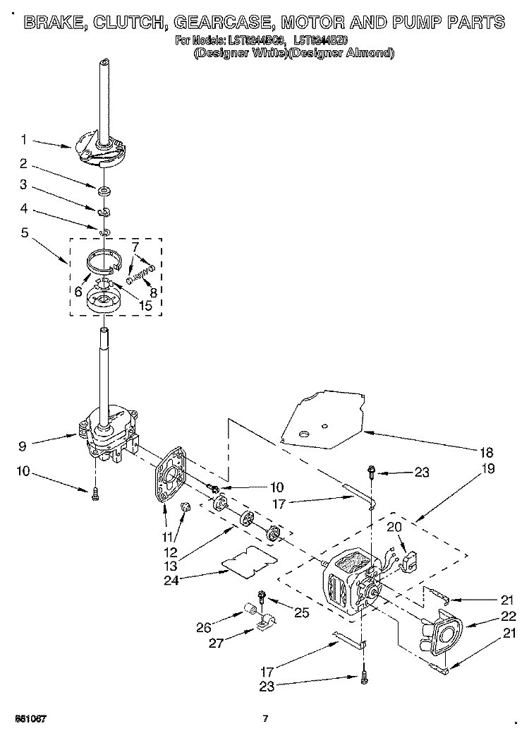 BRAKE, CLUTCH, GEARCASE, MOTOR & PUMP Diagram and Parts List for LST8244BZ0  Whirlpool Washer