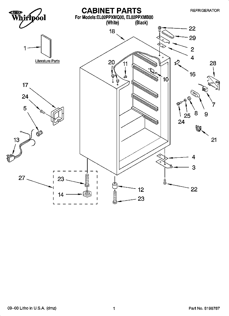 CABINET PARTS Diagram and Parts List for EL02PPXMB00  Whirlpool Refrigerator