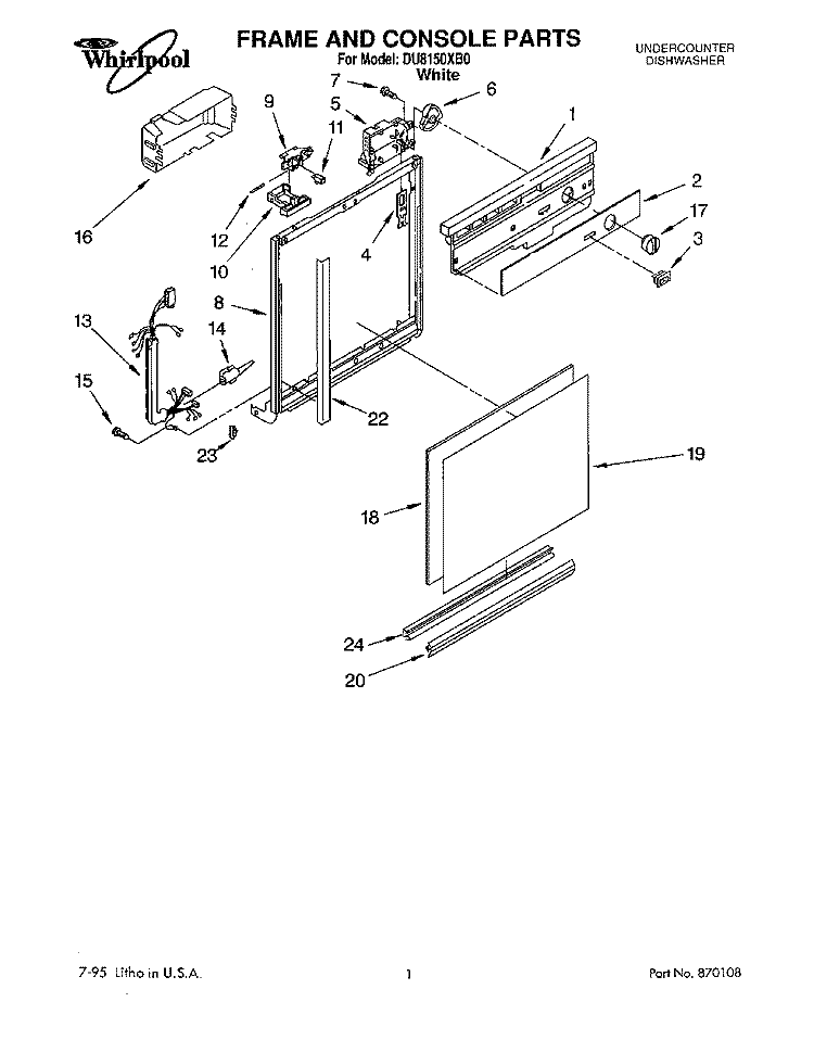 FRAME AND CONSOLE Diagram and Parts List for DU8150XB0  Whirlpool Dishwasher
