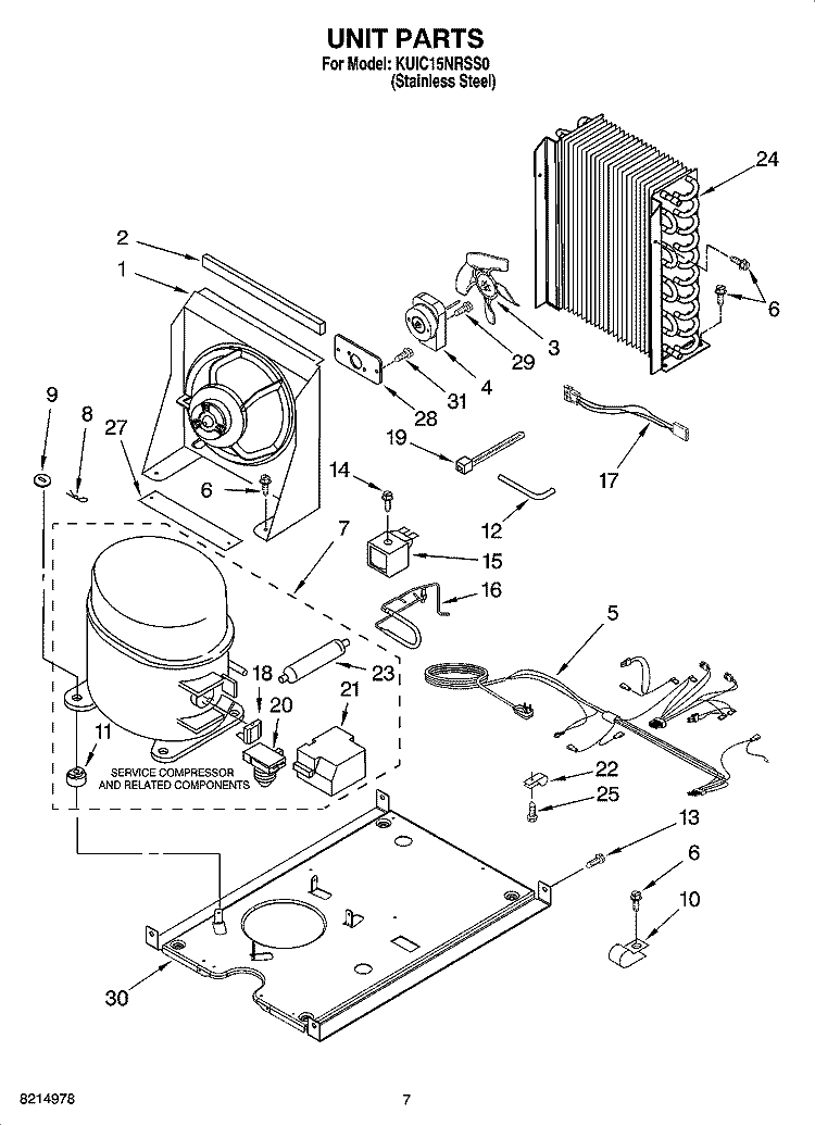 UNIT PARTS, OPTIONAL PARTS (NOT INCLUDED) Diagram and Parts List for KUIC15NRSS0  KitchenAid Ice Maker