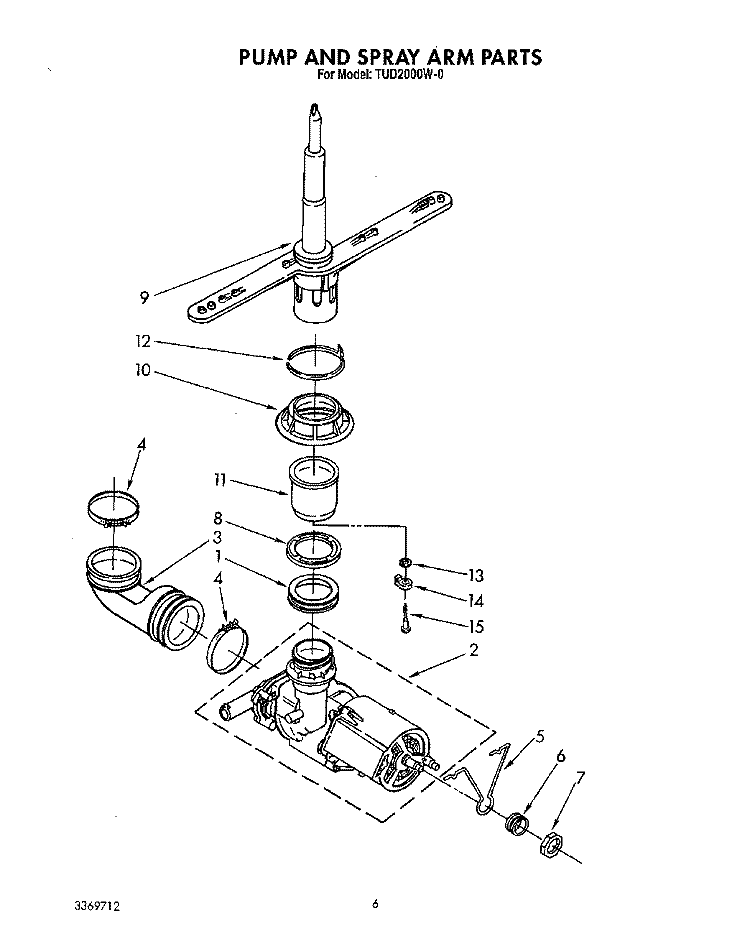 PUMP AND SPRAY ARM Diagram and Parts List for TUD2000W0  Whirlpool Dishwasher