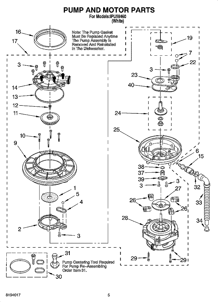 PUMP AND MOTOR PARTS Diagram and Parts List for IPU58460  Inglis Dishwasher