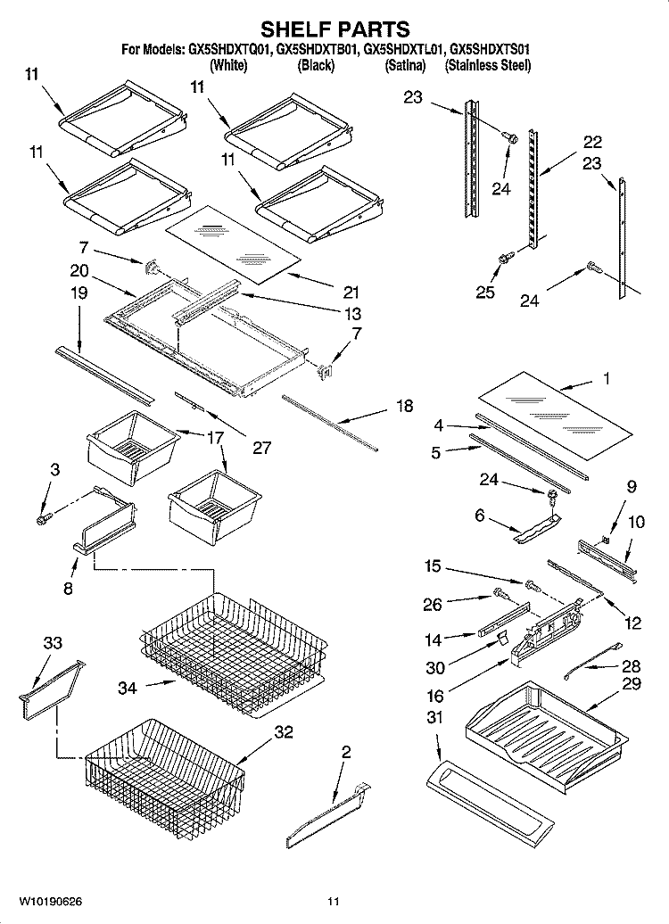 SHELF PARTS Diagram and Parts List for GX5SHDXTQ01  Whirlpool Refrigerator