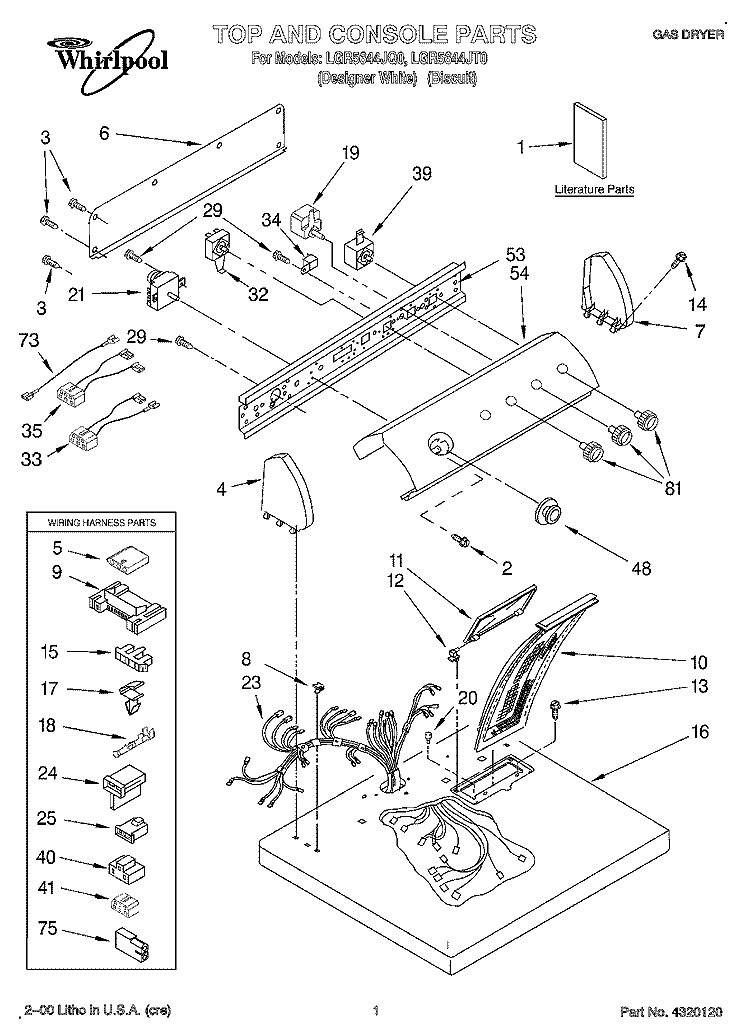 TOP AND CONSOLE, LIT/OPTIONAL Diagram and Parts List for LGR5644JT0  Whirlpool Dryer