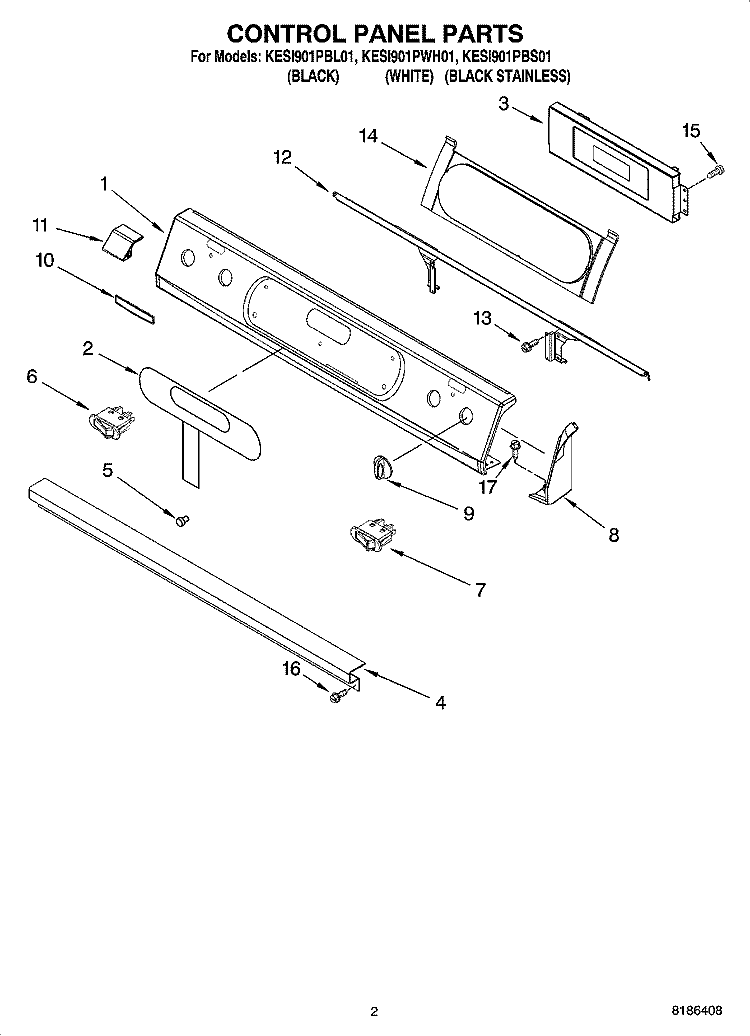CONTROL PANEL PARTS Diagram and Parts List for KESI901PBL01  KitchenAid Range