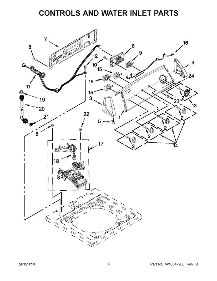CONTROLS AND WATER INLET PARTS Diagram and Parts List for 7MWTW1604AW1  Whirlpool Washer