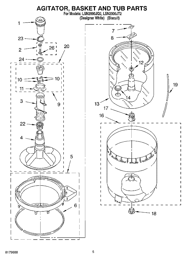 AGITATOR, BASKET AND TUB Diagram and Parts List for LSN2000JQ2  Whirlpool Washer