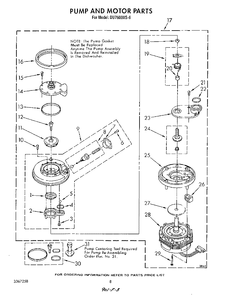 PUMP AND MOTOR Diagram and Parts List for DU7600XS6  Whirlpool Dishwasher