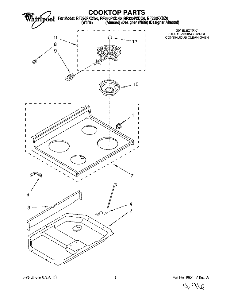 COOKTOP Diagram and Parts List for RF330PXDW0  Whirlpool Range