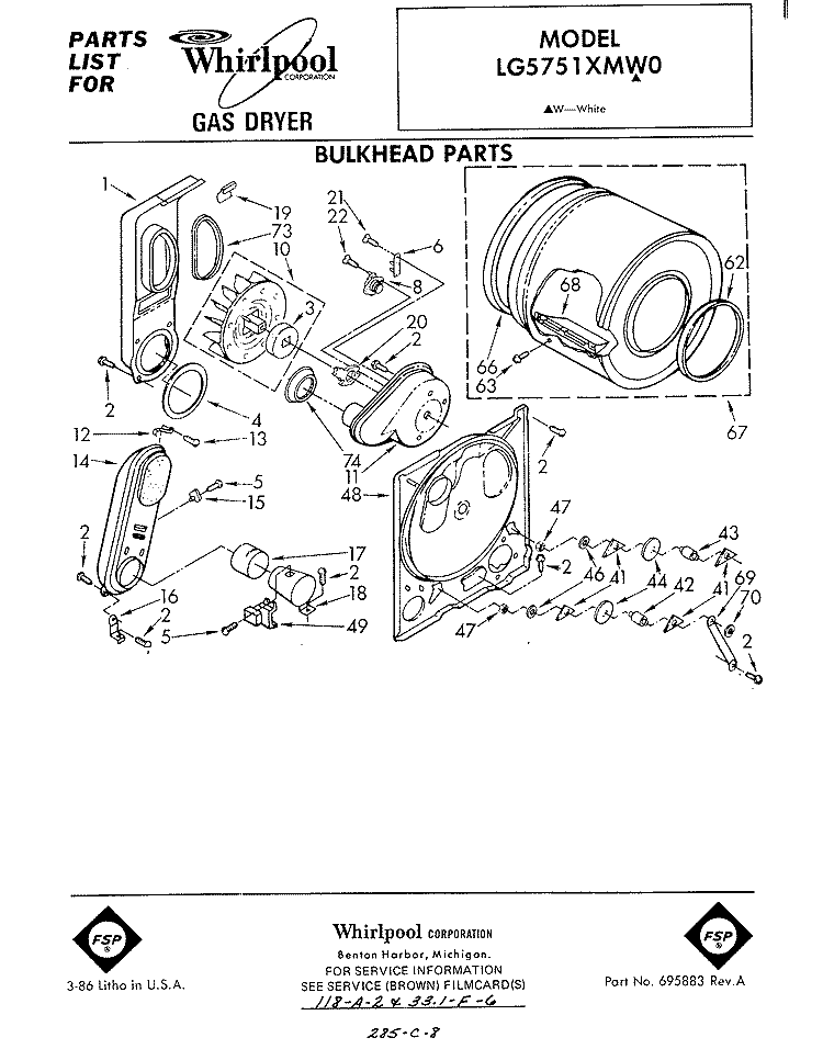 BULKHEAD Diagram and Parts List for LG5751XMW0  Whirlpool Dryer