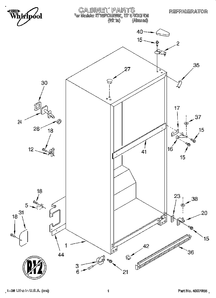 CABINET Diagram and Parts List for ET18PKXGW00  Whirlpool Refrigerator