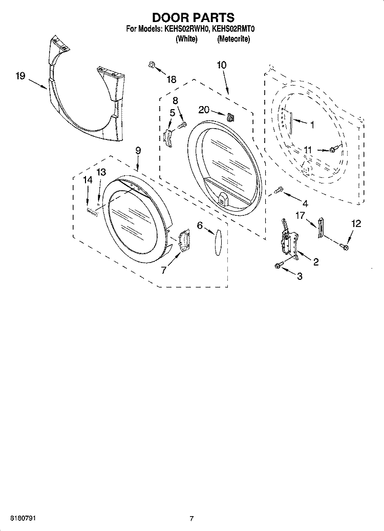 DOOR PARTS, OPTIONAL PARTS (NOT INCLUDED) Diagram and Parts List for KEHS02RWH0  KitchenAid Dryer