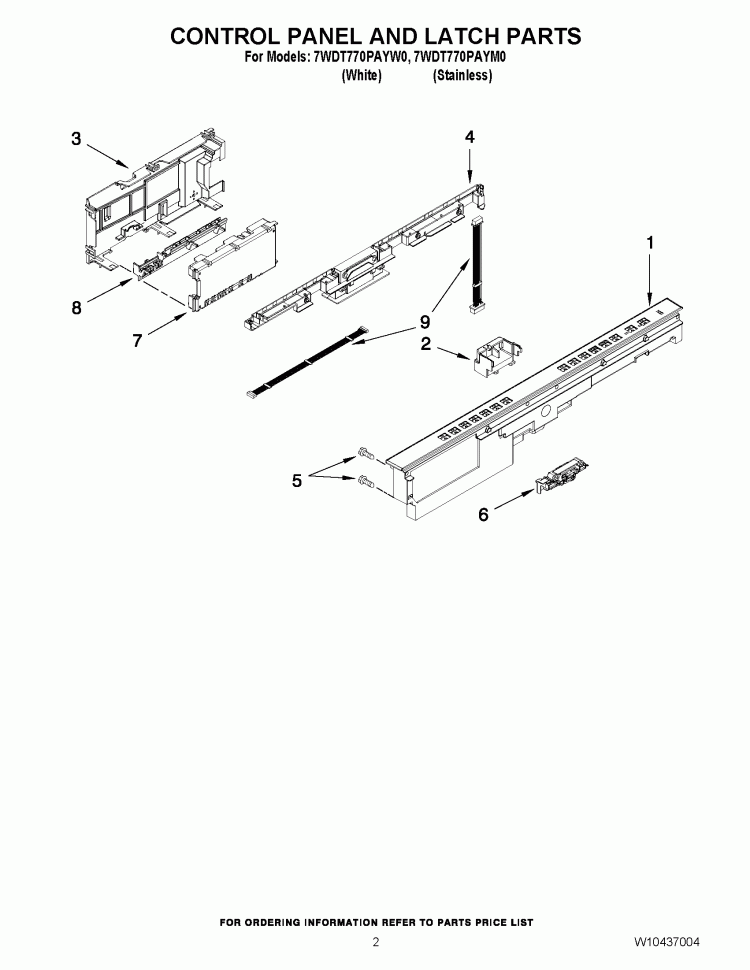 CONTROL PANEL AND LATCH PARTS Diagram and Parts List for 7WDT770PAYM0  Whirlpool Dishwasher