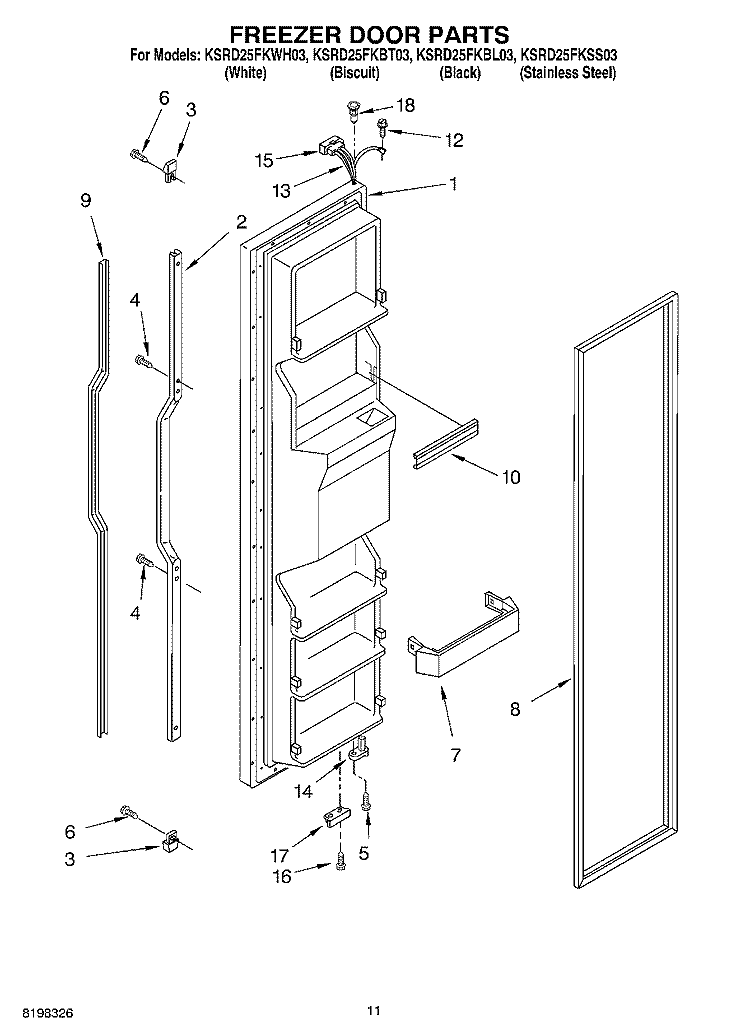 FREEZER DOOR PARTS Diagram and Parts List for KSRD25FKSS03  KitchenAid Refrigerator