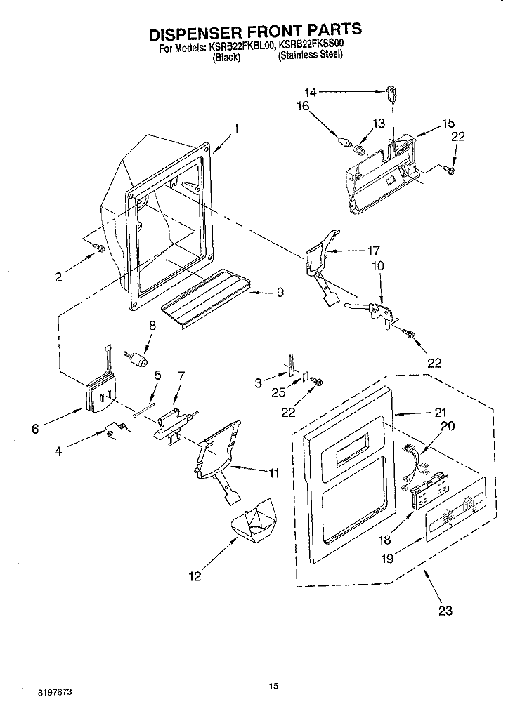 DISPENSER FRONT Diagram and Parts List for KSRB22FKSS00  KitchenAid Refrigerator