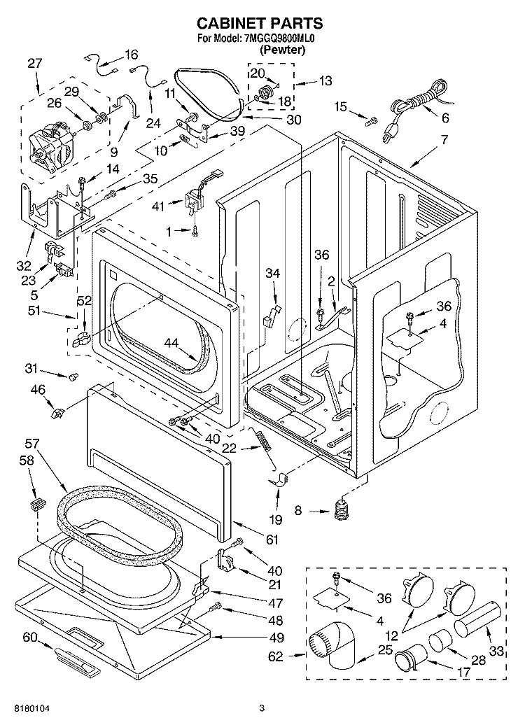 CABINET PARTS Diagram and Parts List for 7MGGQ9800ML0  Whirlpool Dryer