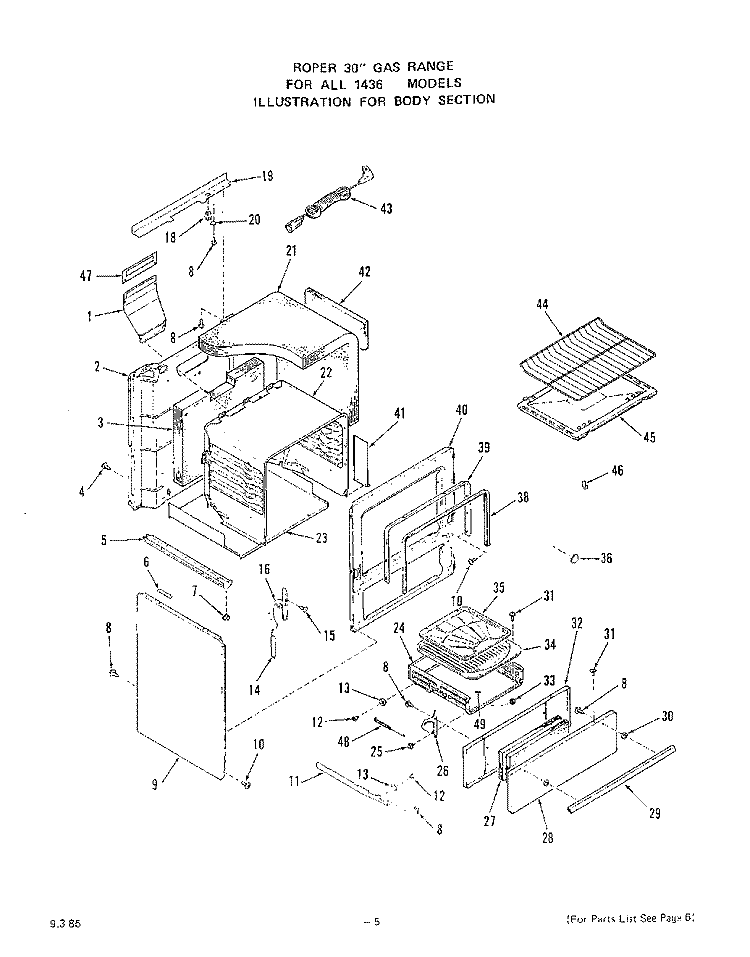 OVEN DOOR Diagram and Parts List for 1436W0A  Roper Range