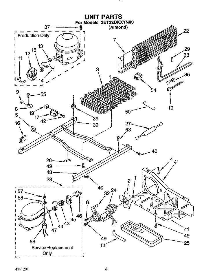 UNIT Diagram and Parts List for 3ET22DKXYN00  Whirlpool Refrigerator