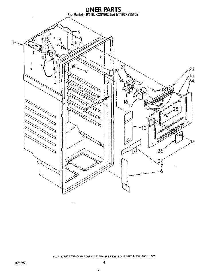LINER Diagram and Parts List for ET16JKYSN02  Whirlpool Refrigerator