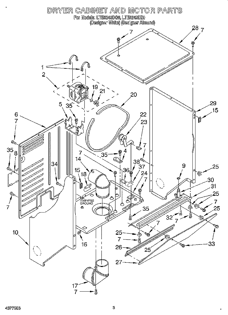 DRYER CABINET AND MOTOR Diagram and Parts List for LTE5243DQ0  Whirlpool Washer Dryer Combo