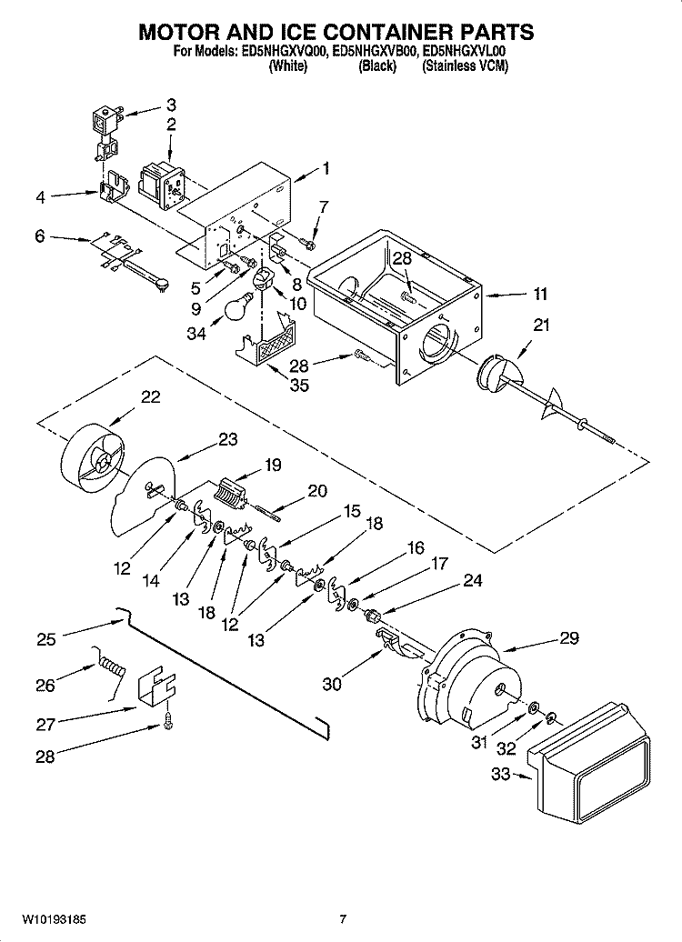 MOTOR AND ICE CONTAINER PARTS Diagram and Parts List for ED5NHGXVQ00  Whirlpool Refrigerator