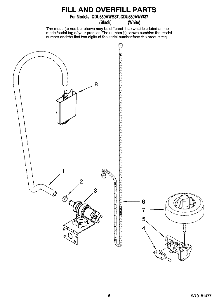 FILL AND OVERFILL PARTS Diagram and Parts List for CDU650AWB37  Crosley Dishwasher