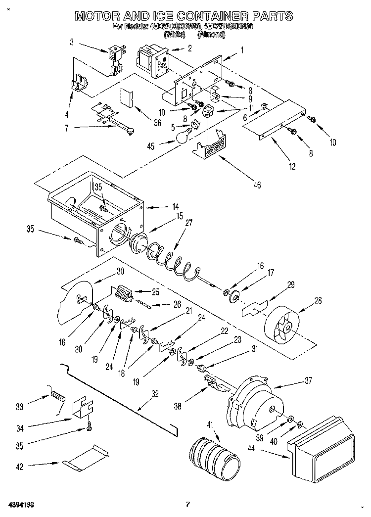 MOTOR AND ICE CONTAINER Diagram and Parts List for 4ED27DQXDN00  Whirlpool Refrigerator