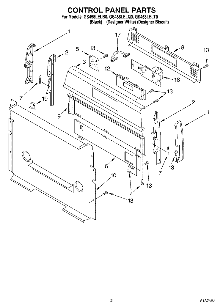 CONTROL PANEL PARTS Diagram and Parts List for GS458LELB0  Whirlpool Range