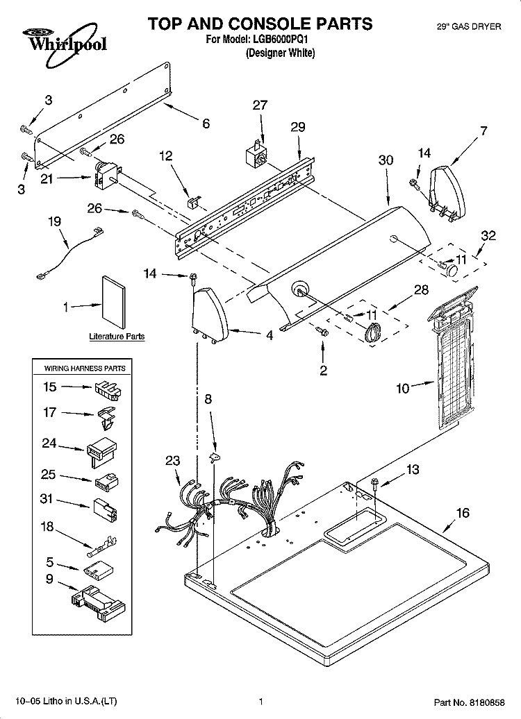 TOP AND CONSOLE PARTS Diagram and Parts List for LGB6000PQ1  Whirlpool Dryer