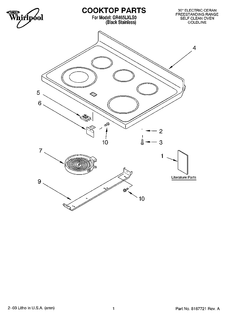 COOKTOP PARTS Diagram and Parts List for GR465LXLS0  Whirlpool Range