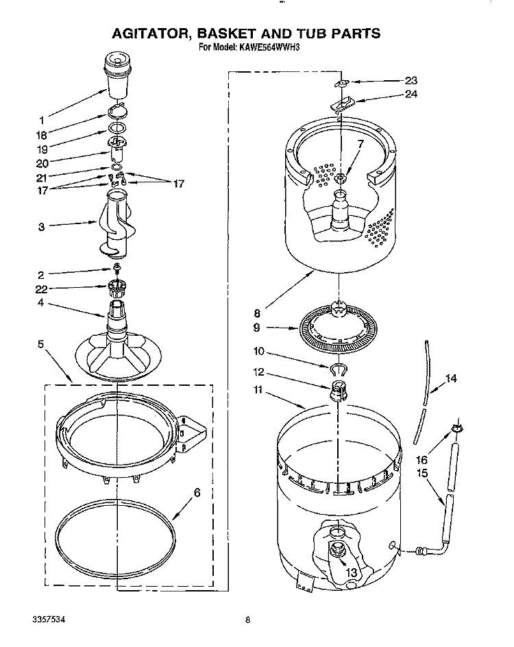 AGITATOR, BASKET AND TUB Diagram and Parts List for KAWE564WAL3  KitchenAid Washer
