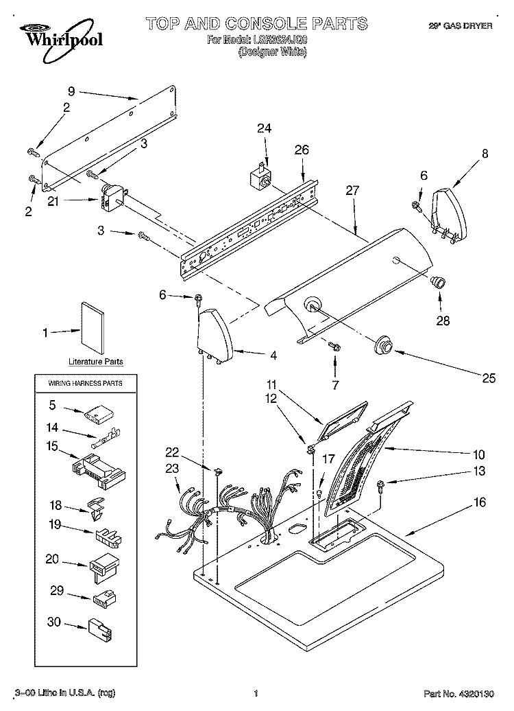 TOP AND CONSOLE, LIT/OPTIONAL Diagram and Parts List for LGR3624JQ0  Whirlpool Dryer