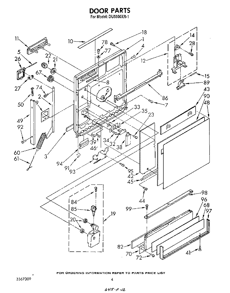 DOOR Diagram and Parts List for DU5500XR1  Whirlpool Dishwasher