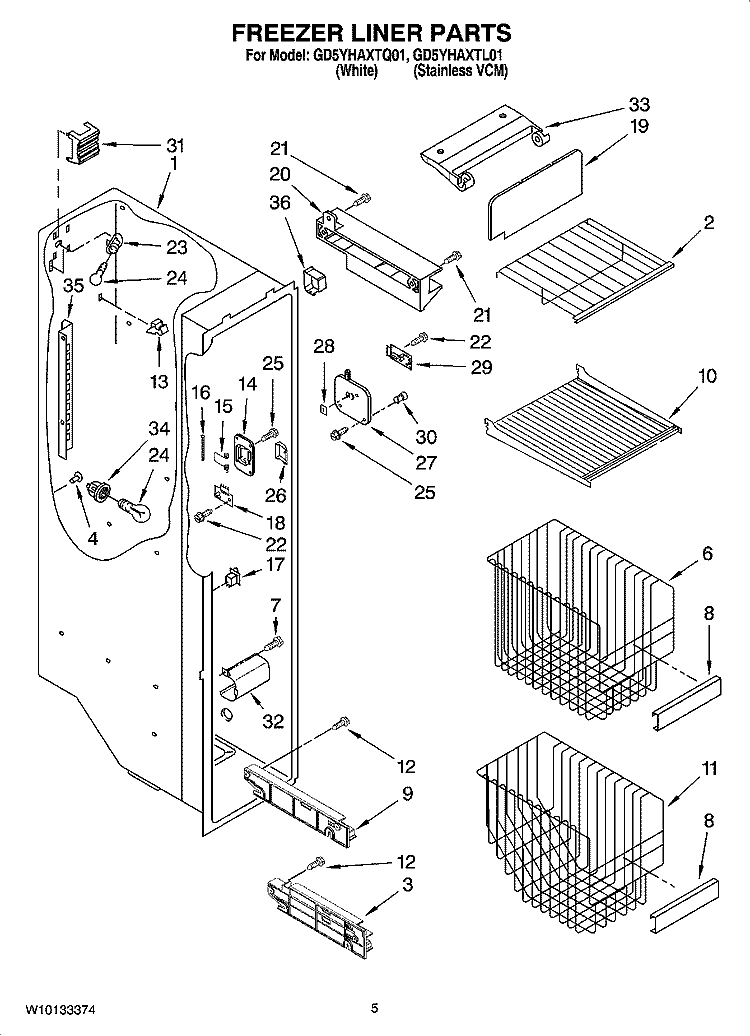 FREEZER LINER PARTS Diagram and Parts List for GD5YHAXTQ01  Whirlpool Refrigerator