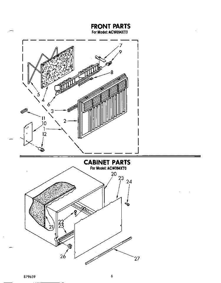FRONT, CABINET Diagram and Parts List for ACW094XT0  Whirlpool Air Conditioner