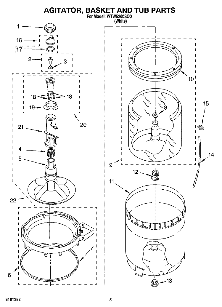AGITATOR, BASKET AND TUB PARTS Diagram and Parts List for WTW5200SQ0  Whirlpool Washer
