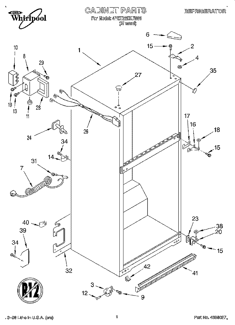 CABINET Diagram and Parts List for 4YET22DKFN01  Whirlpool Refrigerator