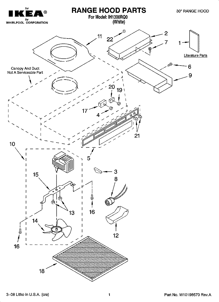 RANGE HOOD PARTS Diagram and Parts List for IH1300RQ0  Whirlpool Range Hood