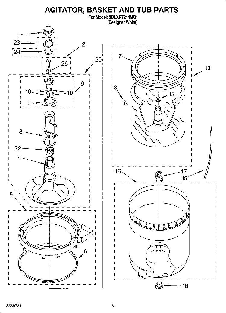 AGITATOR, BASKET AND TUB PARTS Diagram and Parts List for 2DLXR7244MQ1  Whirlpool Washer