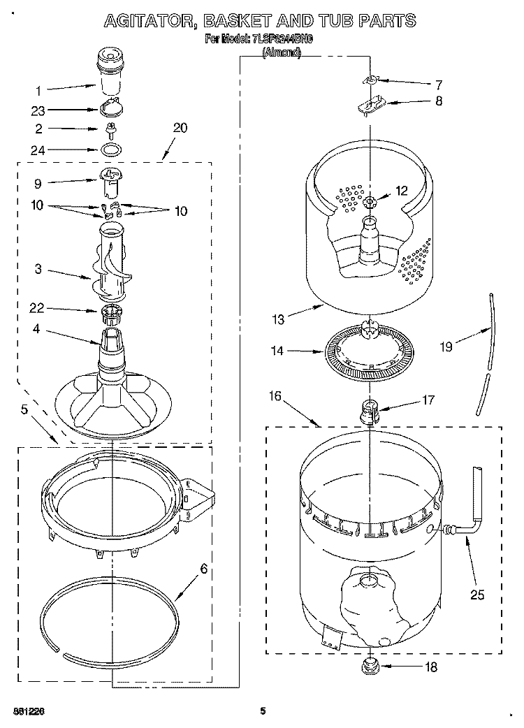 AGITATOR, BASKET AND TUB Diagram and Parts List for 7LSP8244BN0  Whirlpool Washer
