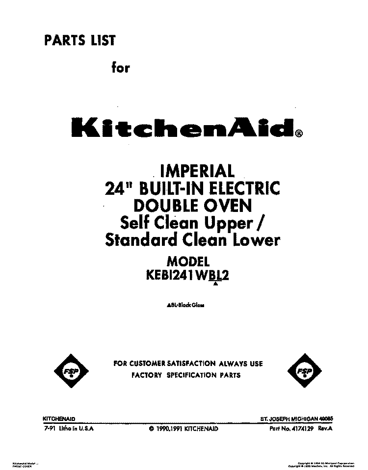 COVER Diagram and Parts List for KEBI241WBL2  KitchenAid Wall Oven