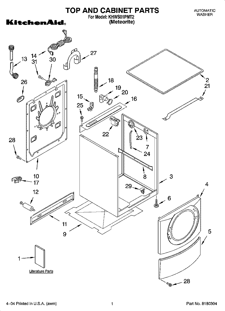 TOP AND CABINET PARTS Diagram and Parts List for KHWS01PMT2  KitchenAid Washer