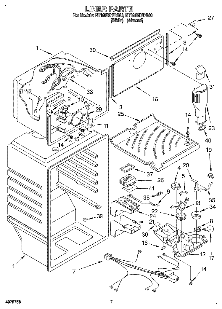 LINER Diagram and Parts List for RT18BMXDW00  Roper Refrigerator