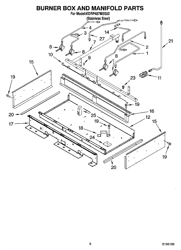BURNER BOX AND MANIFOLD PARTS Diagram and Parts List for KDRP487MSS02  KitchenAid Range