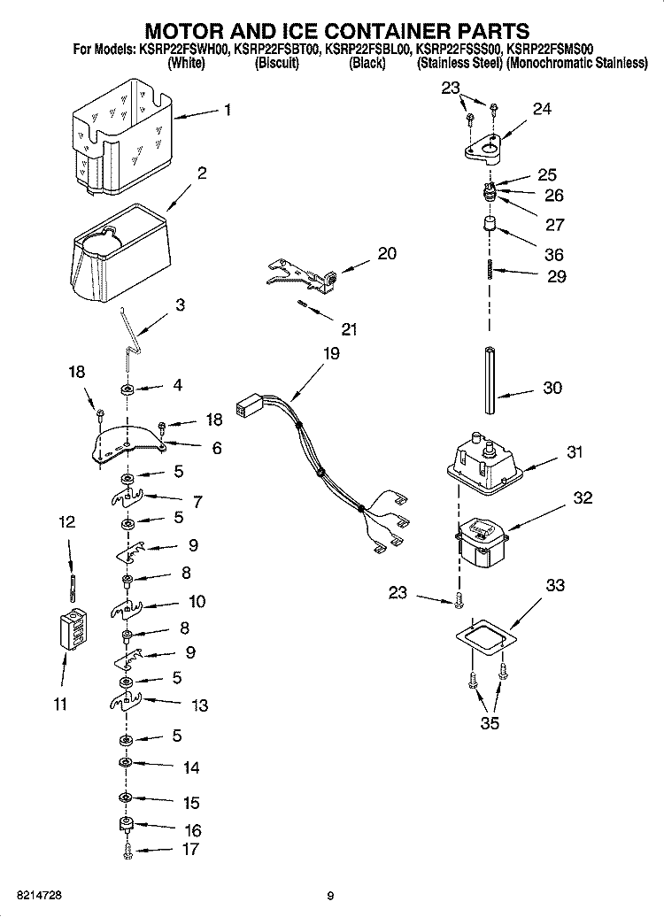 MOTOR AND ICE CONTAINER PARTS Diagram and Parts List for KSRP22FSSS00  KitchenAid Refrigerator