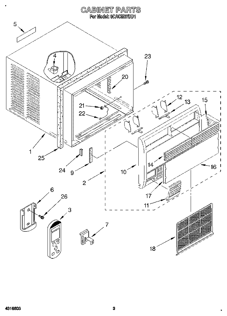 CABINET Diagram and Parts List for 8CACM07DD1  Whirlpool Air Conditioner
