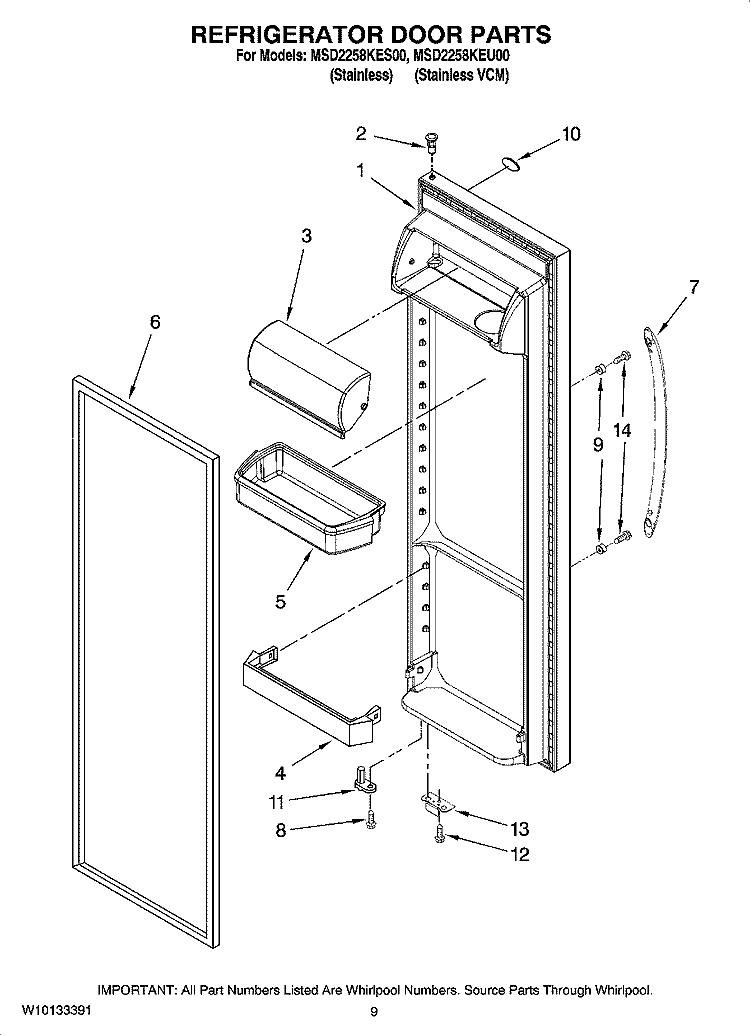REFRIGERATOR DOOR PARTS Diagram and Parts List for MSD2258KEU00  Whirlpool Refrigerator